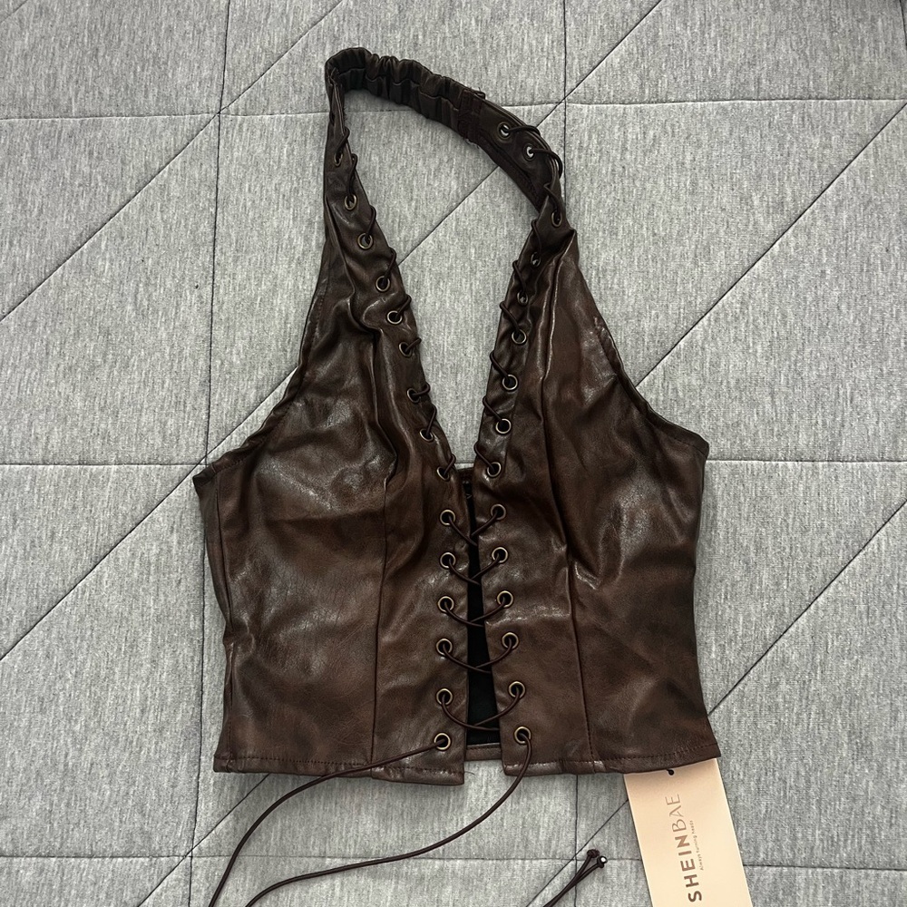 SHEIN Brown Faux Leather Lace-Up Halter Crop Top